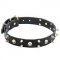 'Heavy Metal' Leather Dog Collar with Spikes and Skulls - 1 1/5 inch (30 mm)