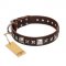 "Perfect Impression" FDT Artisan Brown Leather Dog Collar with Silver-Like Studs - 1 1/2 inch (40 mm) Wide