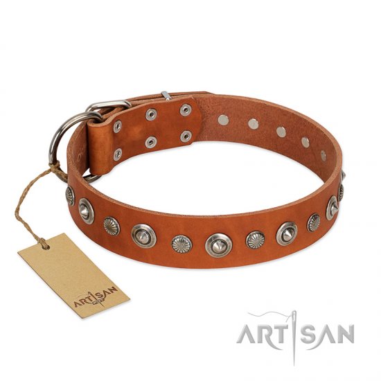 "Gorgeous Roundie" FDT Artisan Tan Leather dog Collar with Chrome-plated Circles - Click Image to Close
