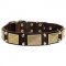 Exclusive Leather Dog Collar with Large Plates and Pyramids