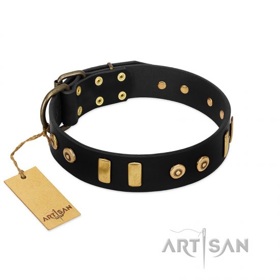 "Rare Dog" FDT Artisan Black Leather dog Collar with Old Bronze-like Dotted Studs and Tiles - Click Image to Close