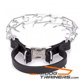 Chrome-plated Steel Pinch Dog Collar with Leather Handle and Quick Release Buckle - 1/8 inch (3.25 mm) Prong's Diameter