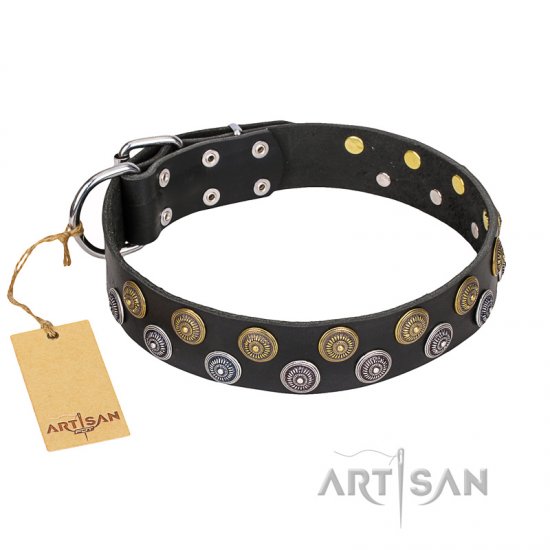 "Romantic Breeze" FDT Artisan Black Leather Dog Collar with Riveted Circles