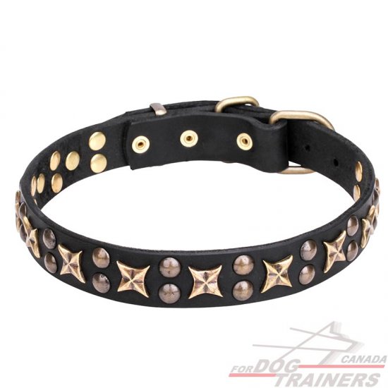 1 1/5 inch (30 mm) Leather Dog Collar "Vintage Legacy" with Old-Fashioned Stars and Studs