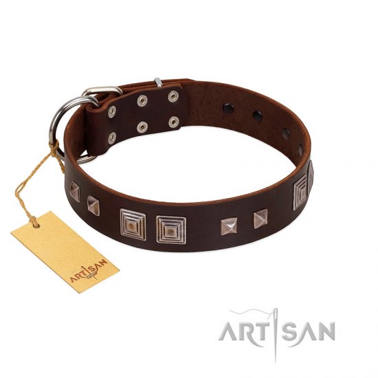 "Object of Virtu" FDT Artisan Brown Leather dog Collar with Old Silver-like Square Studs and Pyramids