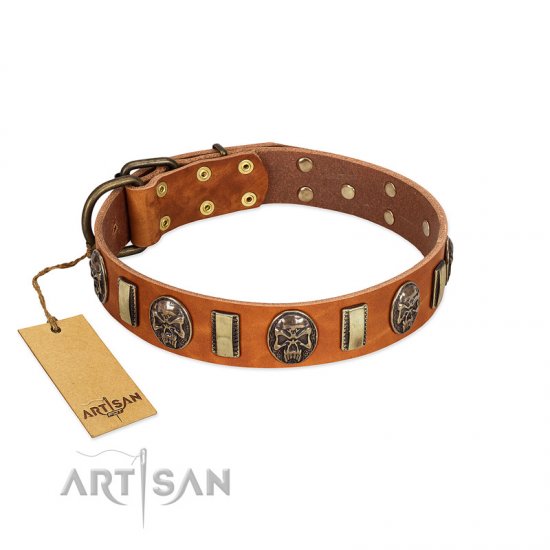 "Strike of Rock" FDT Artisan Tan Leather dog Collar with Plates and Medallions with Skulls