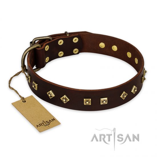 "Fashion Studs" FDT Artisan Decorated Leather dog Collar with Old Bronze-Plated Steel Hardware
