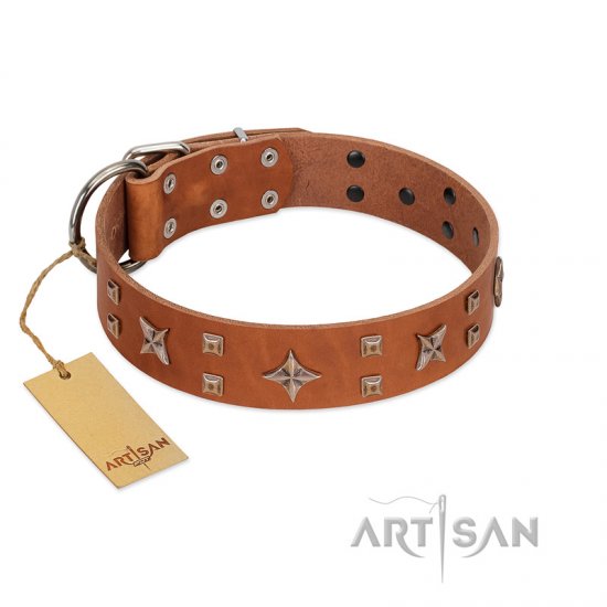 "Dreamy Gleam" FDT Artisan Tan Leather dog Collar Adorned with Stars and Squares - Click Image to Close