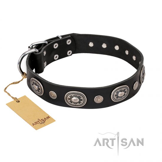 "Black Tie" FDT Artisan Leather dog Collar with Old Silver-like Decorations - Click Image to Close