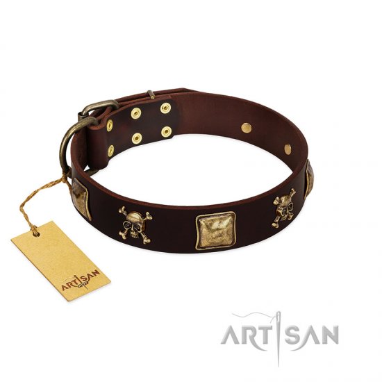 "Crazy Pirate" FDT Artisan Brown Leather dog Collar with Old Bronze-Plated Skulls and Plates
