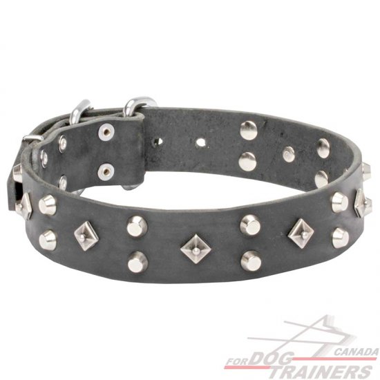 'Pyramid of Cheops' Leather Dog Collar with Decoration