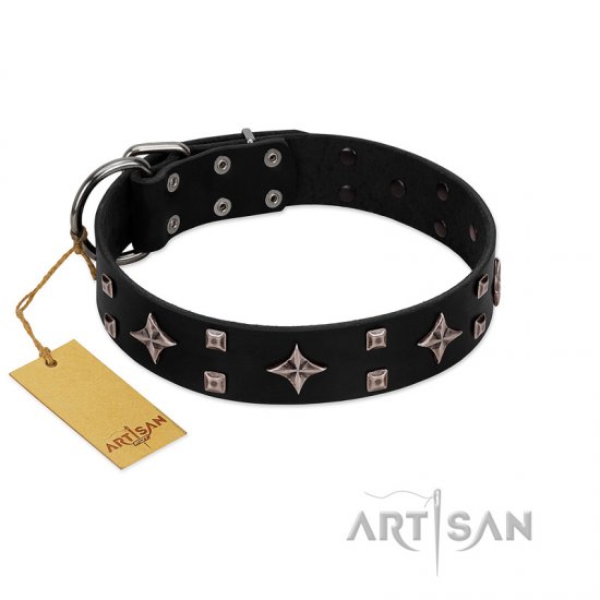 "Snappy Dresser" FDT Artisan Black Leather dog Collar Adorned with Stars and Tiny Squares - Click Image to Close
