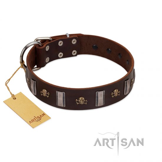 "War Chief" FDT Artisan Genuine Brown Leather dog Collar with Skulls and Plates - Click Image to Close
