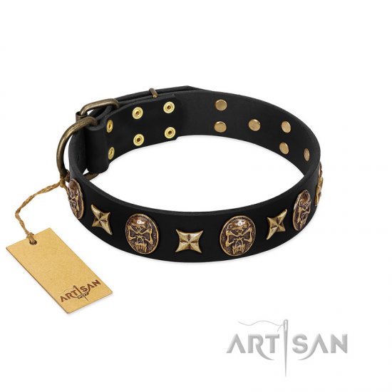 "Starry Saga" FDT Artisan Black Leather dog Collar with Stars and Skulls