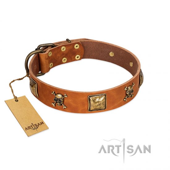 "Knights Templar" FDT Artisan Tan Leather dog Collar with Skulls and Crossbones Combined with Squares