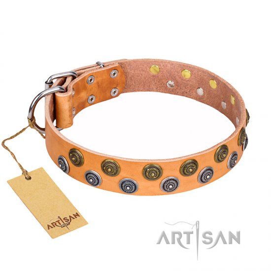 "Precious Sparkle" FDT Artisan Tan Leather Dog Collar with Vintage Brooches