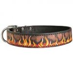 Designer Leather Dog Collar for Walking and Training Painted in Flames