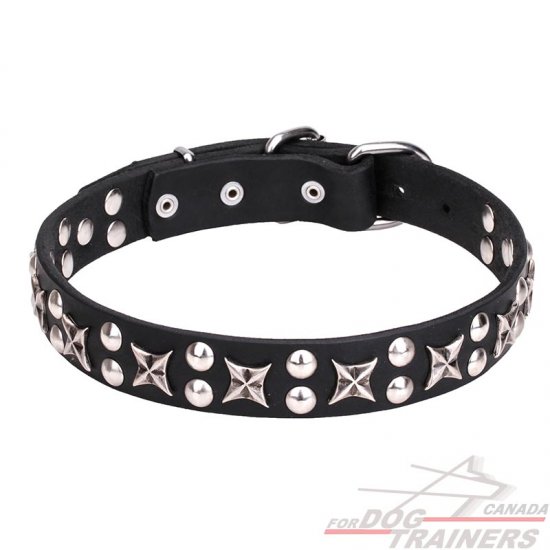 Posh Leather Dog Collar "Planets and Stars" with Chrome Plated Fittings 1 1/5 inch (30 mm) Wide