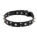 "Jolly Roger" Leather Dog Collar with Skulls and 2 Rows of Spikes - 1 1/5 inch (30 mm)
