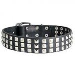 Glamorous Leather Dog Collar with Silvery Pyramids