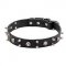 "Jolly Roger" Leather Dog Collar with Skulls and 2 Rows of Spikes - 1 1/5 inch (30 mm)
