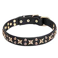 1 1/5 inch (30 mm) Leather Dog Collar "Vintage Legacy" with Old-Fashioned Stars and Studs