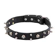 "Jolly Roger" Leather Dog Collar with Skulls and 2 Rows of Spikes - 1 1/5 inch (30 mm)
