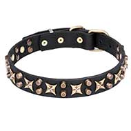 "Hollywood Star" Leather Dog Collar with Bronze Plated Stars and Pyramids -1 1/4 inch (30 mm)