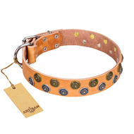 "Precious Sparkle" FDT Artisan Tan Leather Dog Collar with Vintage Brooches