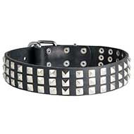 Glamorous Leather Dog Collar with Silvery Pyramids