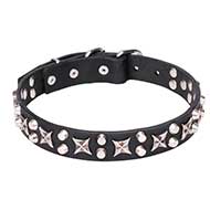 Fantastic Leather Dog Collar with Chrome Plated Hardware "Shining Stars" 1 1/5 inch (30 mm) Wide