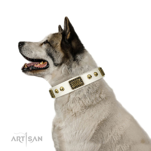 Strong D-ring on natural leather dog collar for handy use