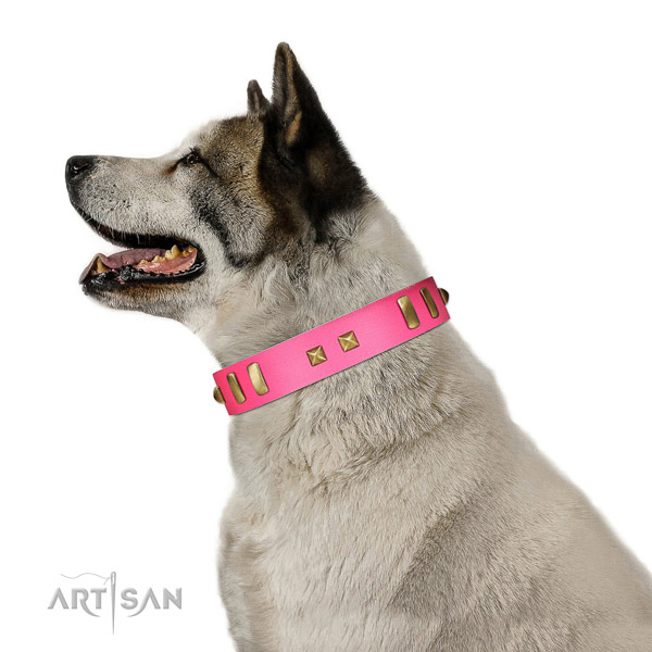 Extraordinary adorned full grain natural leather dog collar of soft material