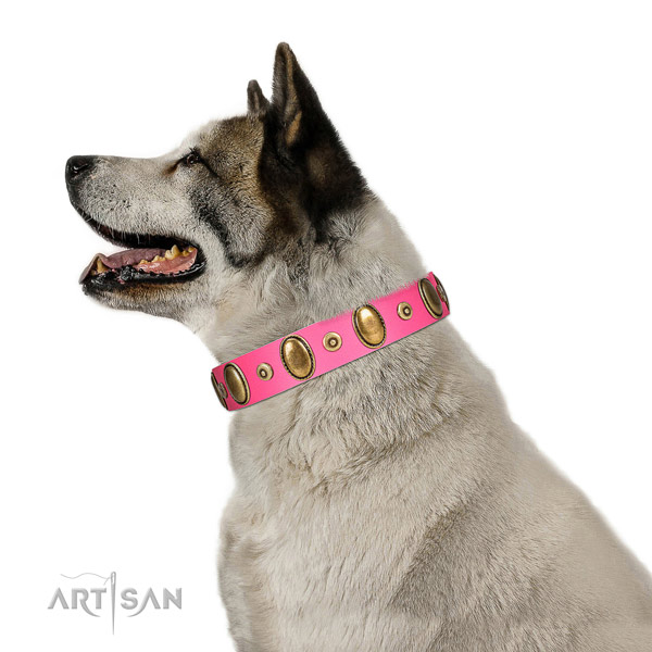 Corrosion resistant adornments on strong full grain natural leather dog collar