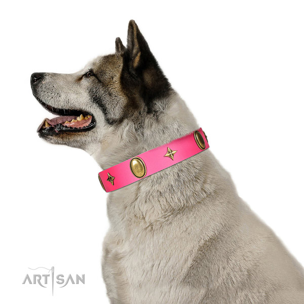 Soft genuine leather collar with top notch adornments for your dog