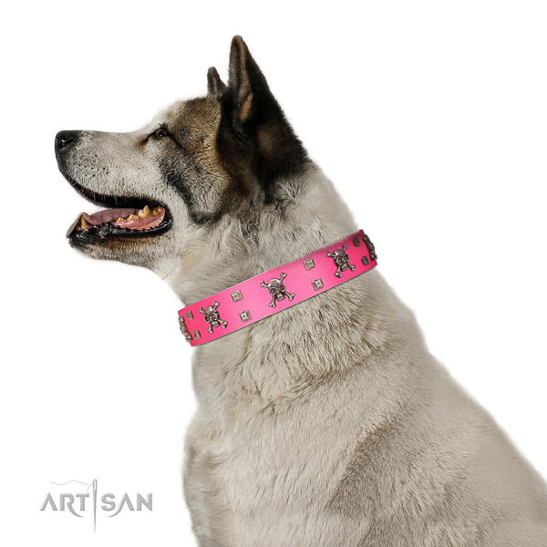 Leather dog collar with non-rusting fittings for reliable dog managing