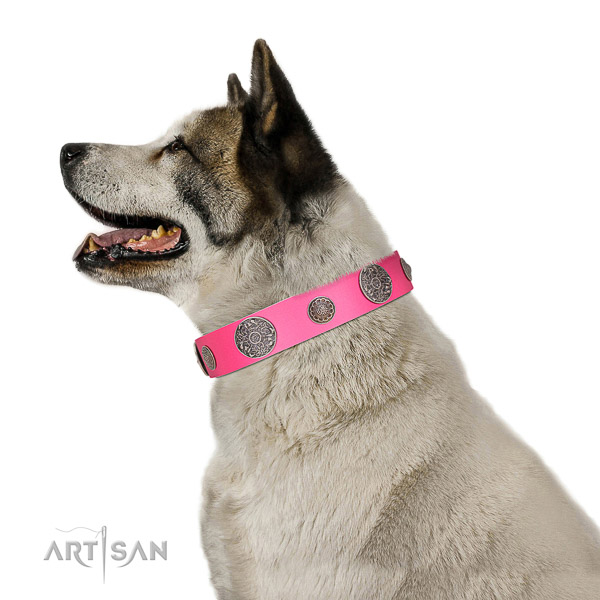 Corrosion proof D-ring on full grain genuine leather dog collar