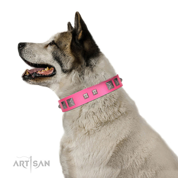 Full grain genuine leather dog collar of reliable material with remarkable decorations
