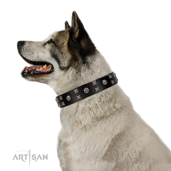 Full grain natural leather dog collar of soft to touch material with inimitable decorations