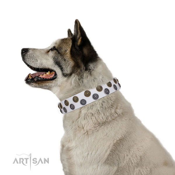 Akita-Inu designer full grain natural leather dog collar with decorations