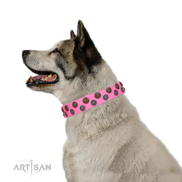 Akita-Inu easy adjustable full grain genuine leather dog collar with embellishments