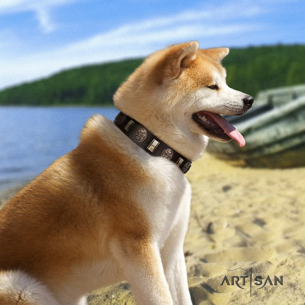 Akita Inu handy use genuine leather collar with studs for your doggie