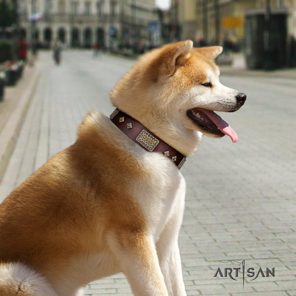 Akita Inu full grain leather dog collar with exquisite decorations