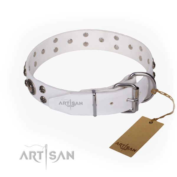 Handy use natural genuine leather collar with decorations for your doggie