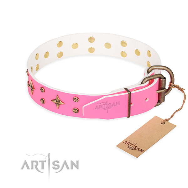 Everyday use natural genuine leather collar with studs for your four-legged friend