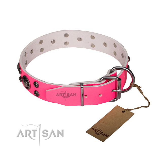 Everyday use natural genuine leather collar with corrosion proof buckle and D-ring