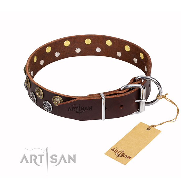 Walking natural genuine leather collar with adornments for your dog