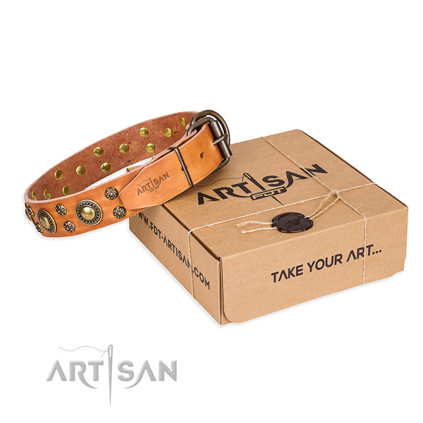 Natural genuine leather dog collar with decorations for daily walking