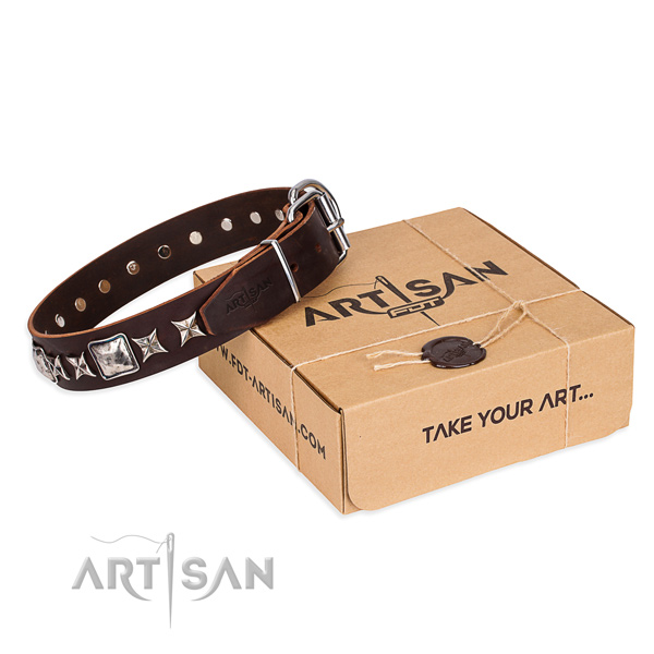 Embellished genuine leather dog collar for comfy wearing