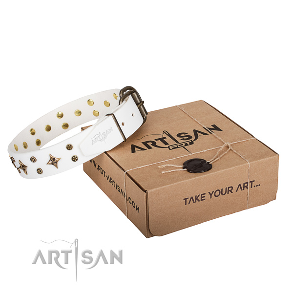 Embellished full grain leather dog collar for comfy wearing